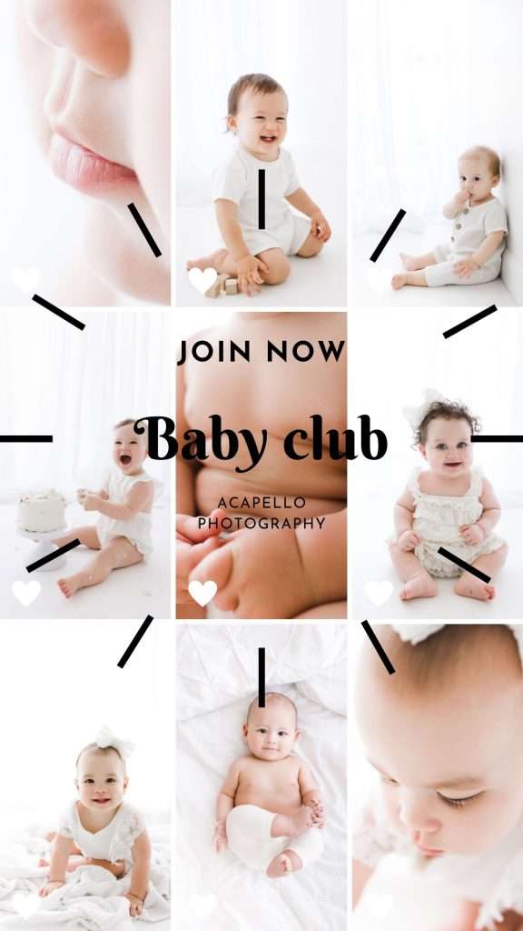 Baby Milestone Photography - A collage of baby photos with "Join Now Baby club" and "Acapello Photography" text in the center, featuring infants in white settings with black arrow designs pointing inward. - Acapello Photography: maternity, newborn, family, boudoir
