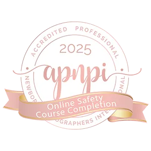 Circular badge with "2025 APNPI Accredited Professional Photographers International" and a pink ribbon reading "Online Safety Course Completion.