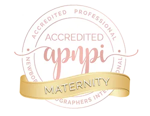 Accredited APNPI Maternity badge with pink and gold text, awarded by Accredited Professional Newborn Photographers International—perfect for any Family Photographer in Phoenix.