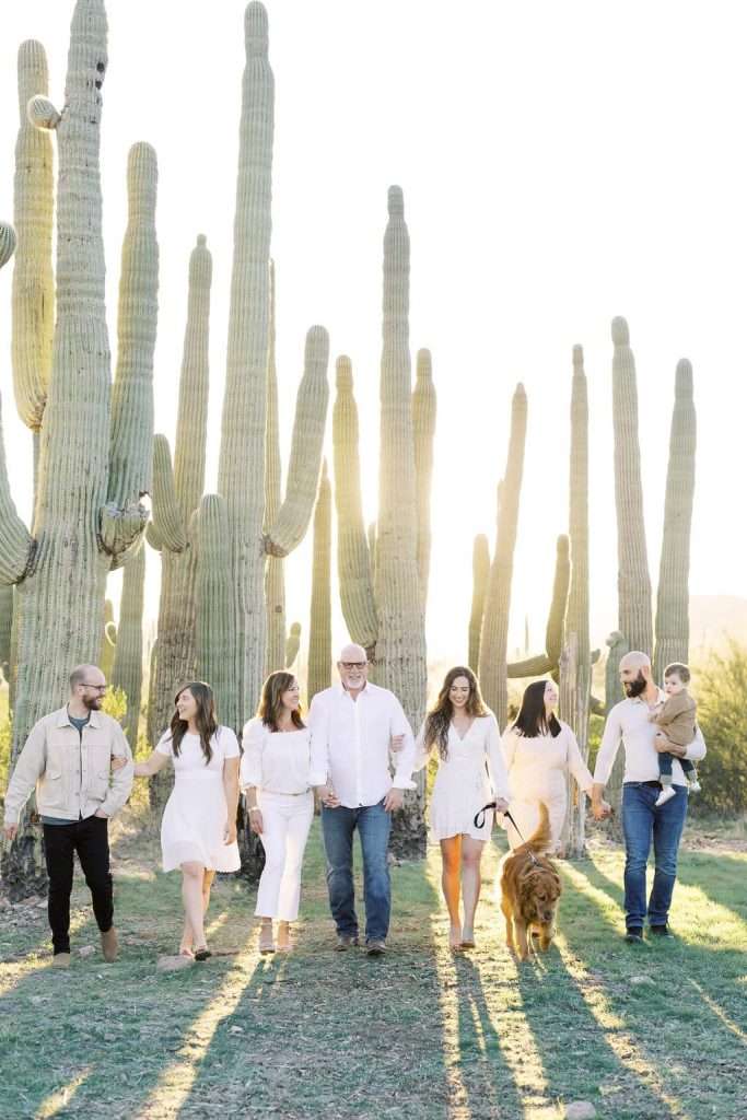 A group of seven adults, one child, and a dog walk together outdoors among tall cacti, with sunlight streaming through.
