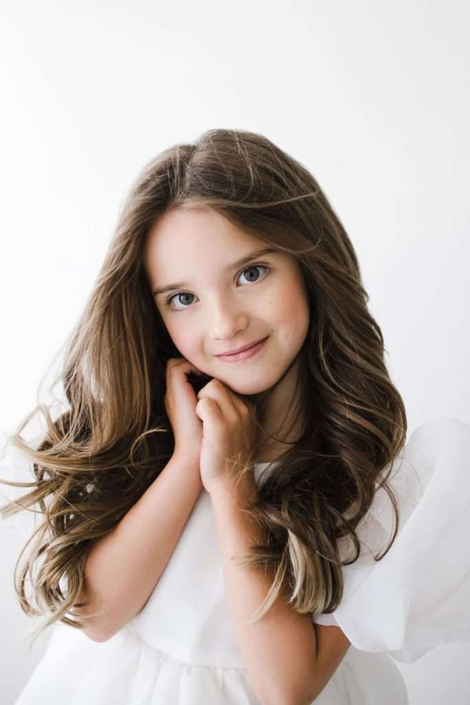 Young girl with long brown hair and blue eyes wearing a white dress, standing against a plain white background, posing with hands near her face and a slight smile.