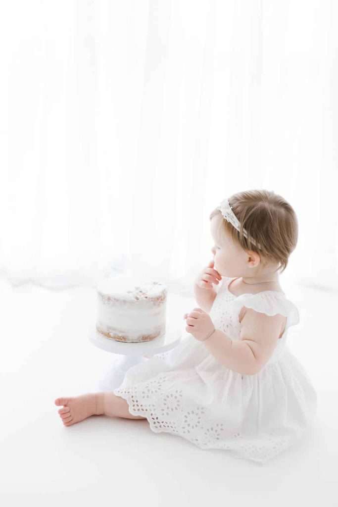 A baby in a white dress sits on the floor, touching her mouth and looking at a frosted cake placed nearby on a white background.
