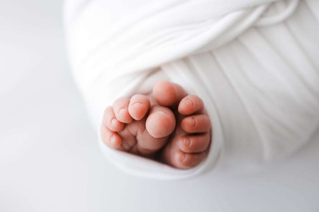 Close-up of a newborn baby's feet wrapped in a soft white blanket, with a neutral background.