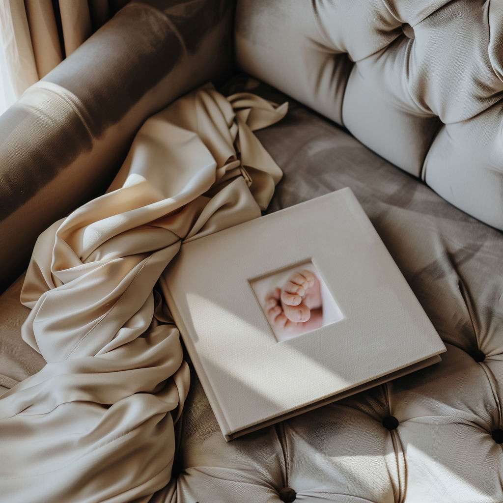 A closed beige photo album with a small baby photo on the cover rests on a tufted sofa next to draped fabric.