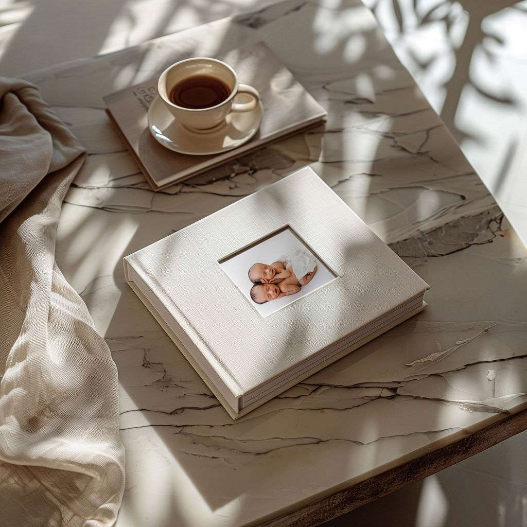 A closed photo album with a baby picture on the cover sits on a marble table next to a cup of tea and a saucer, with sunlight and shadows falling across the scene.