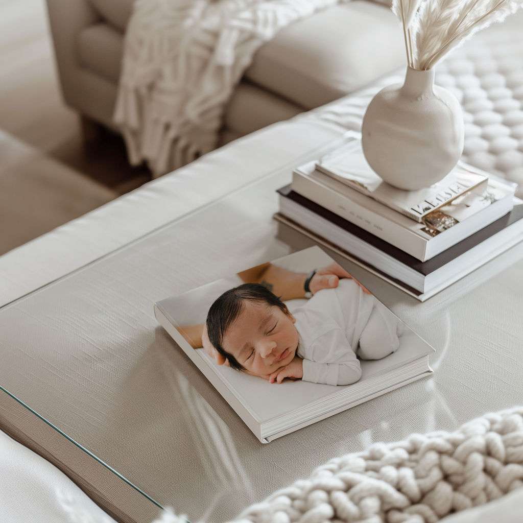 A coffee table with stacked books, including one featuring a photo of a sleeping baby on the cover, and a white vase with dried flowers.