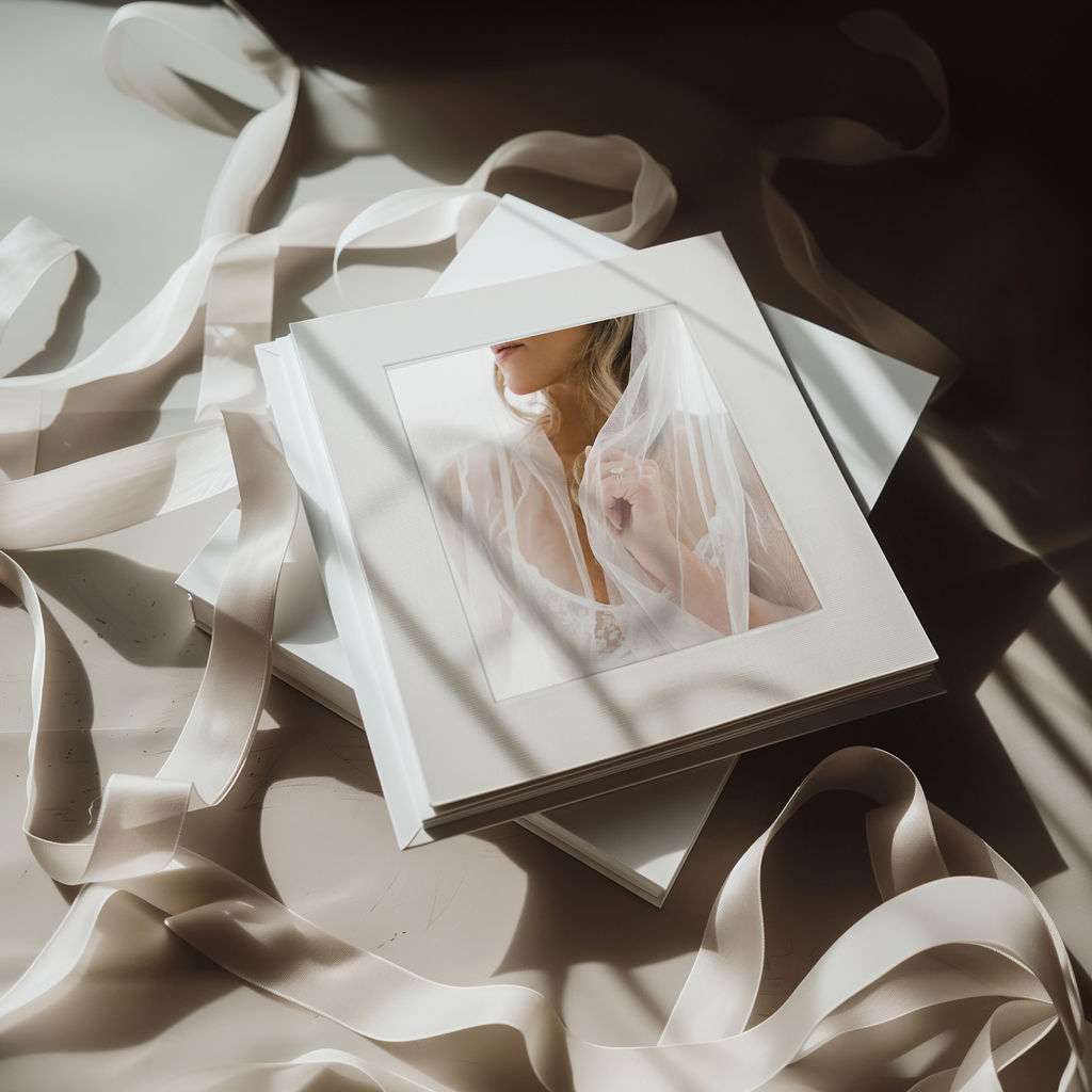 Stack of photo albums with a cover image of a woman in a sheer veil, surrounded by soft, cream-colored ribbons on a light surface.