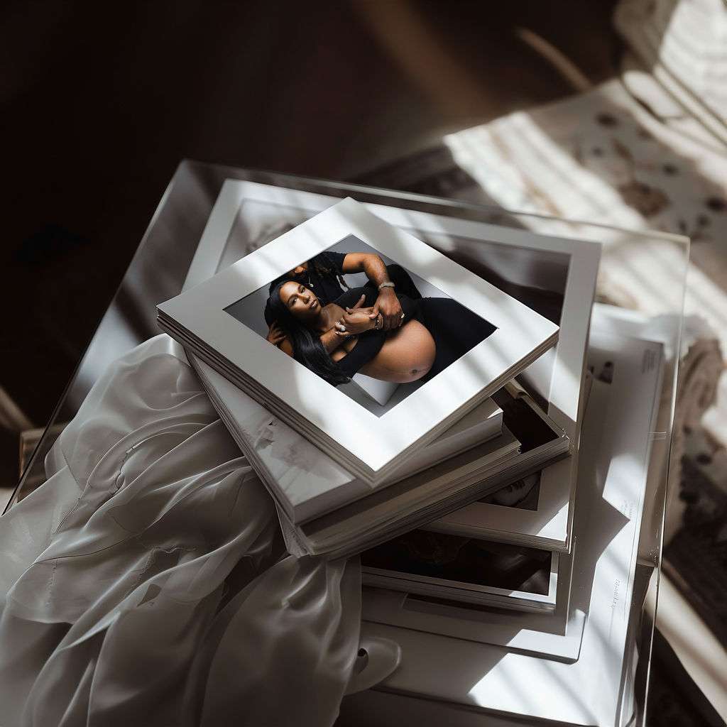 Stack of photo albums on a table, with a top photo showing a pregnant woman holding her belly. Light and shadows fall across the scene.