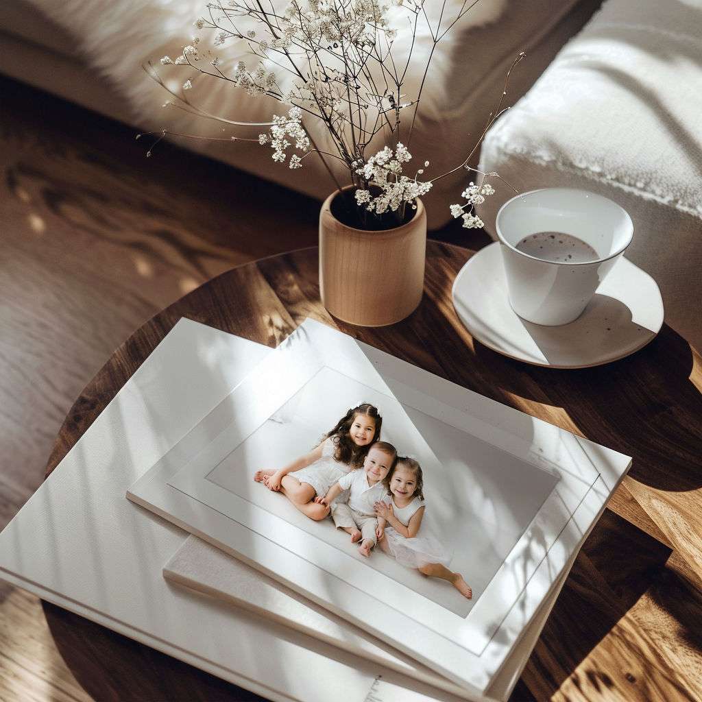 A framed photo of three smiling children is on a wooden table next to a coffee cup, a vase with dried flowers, and two white books.