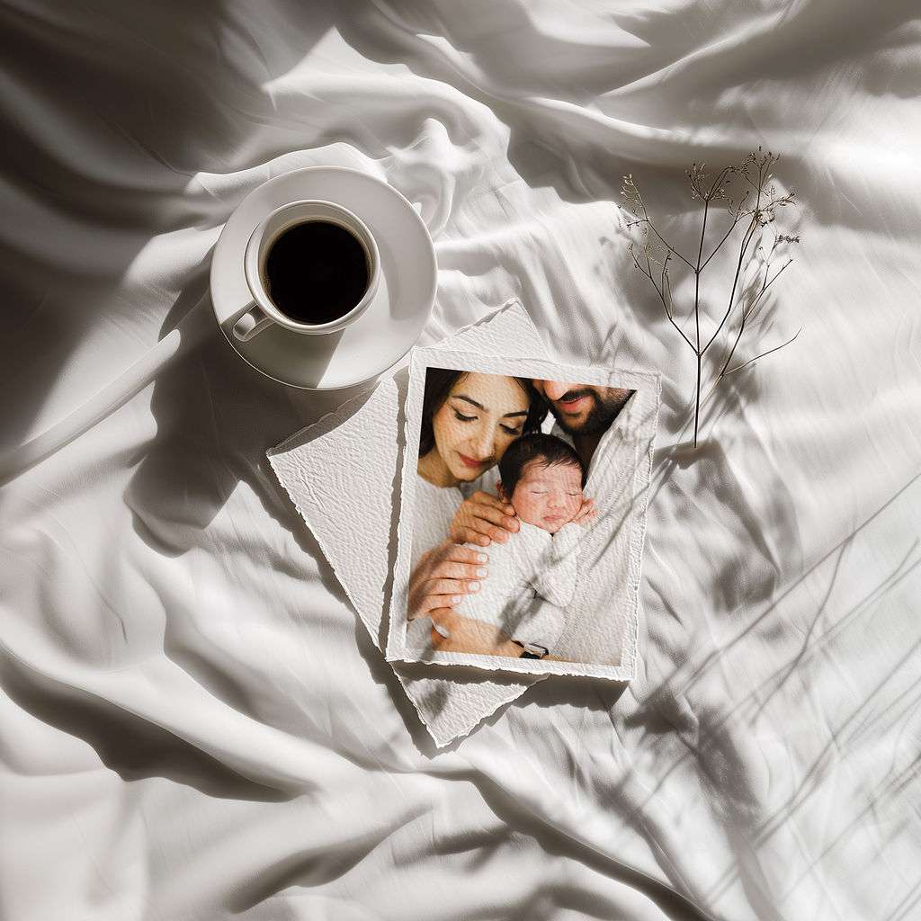 A cup of black coffee sits on a white saucer next to a family photo of two adults and a newborn baby, set on textured paper atop white fabric with sunlight and a sprig.