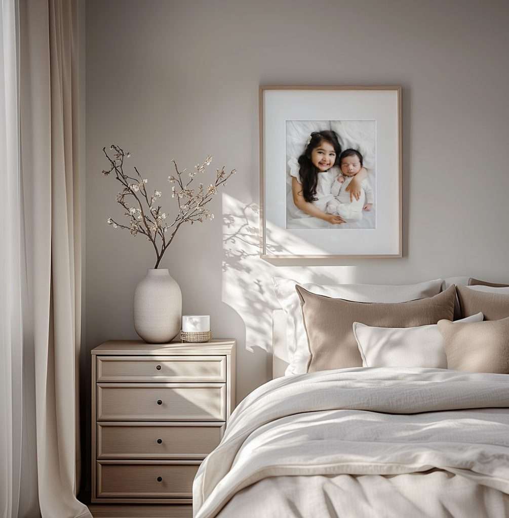 A neatly made bed with beige bedding beside a nightstand holding a vase with branches, a candle, and a framed photo of two children on the wall above.