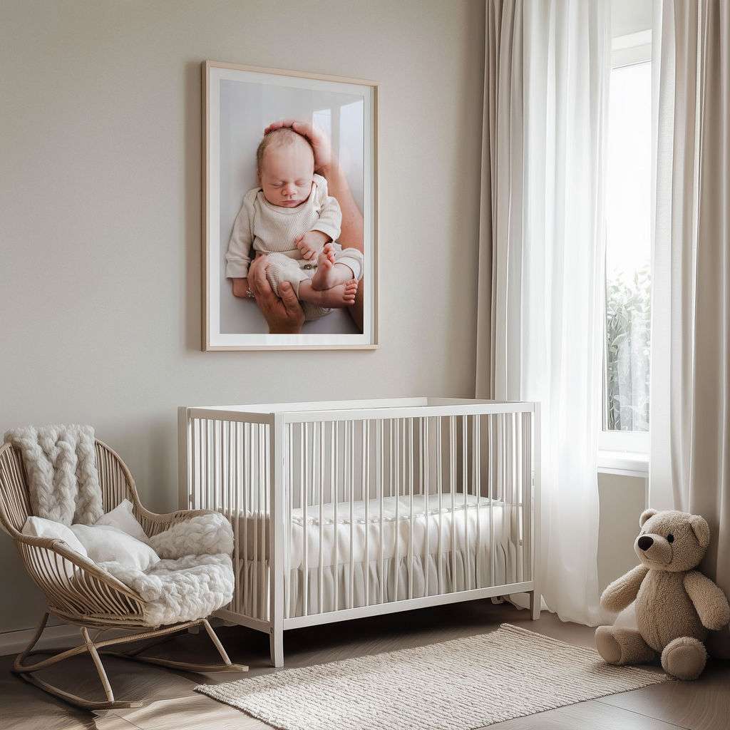 A nursery with a white crib, a wicker chair with a blanket, a large teddy bear, and a framed photo of a baby on the wall by a window with white curtains.