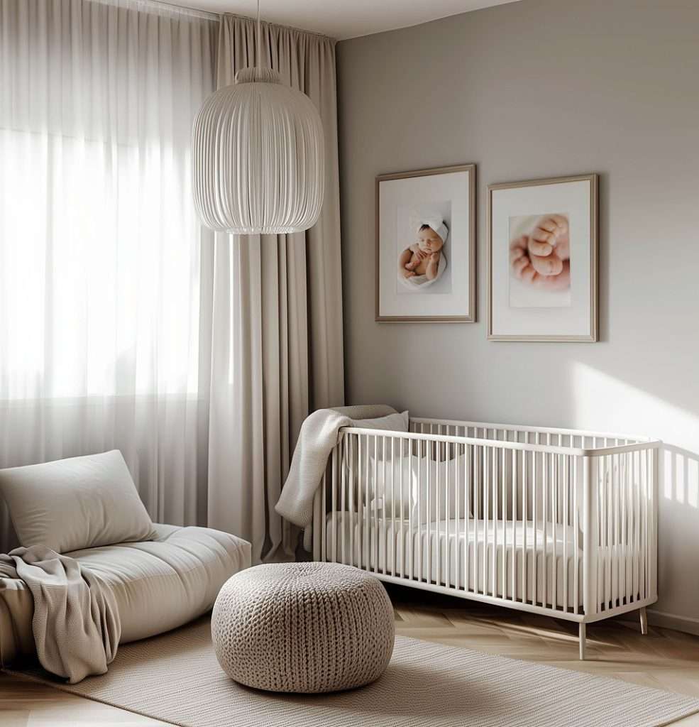 A modern nursery with a white crib, cushioned chair, knit pouf, neutral decor, and framed photos on the wall near a sunlit window with sheer curtains.