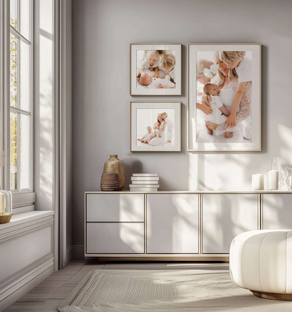 Modern living room with light walls, a sideboard, vases, books, and three framed photos of a woman and baby on the wall; sunlight streams through a large window.