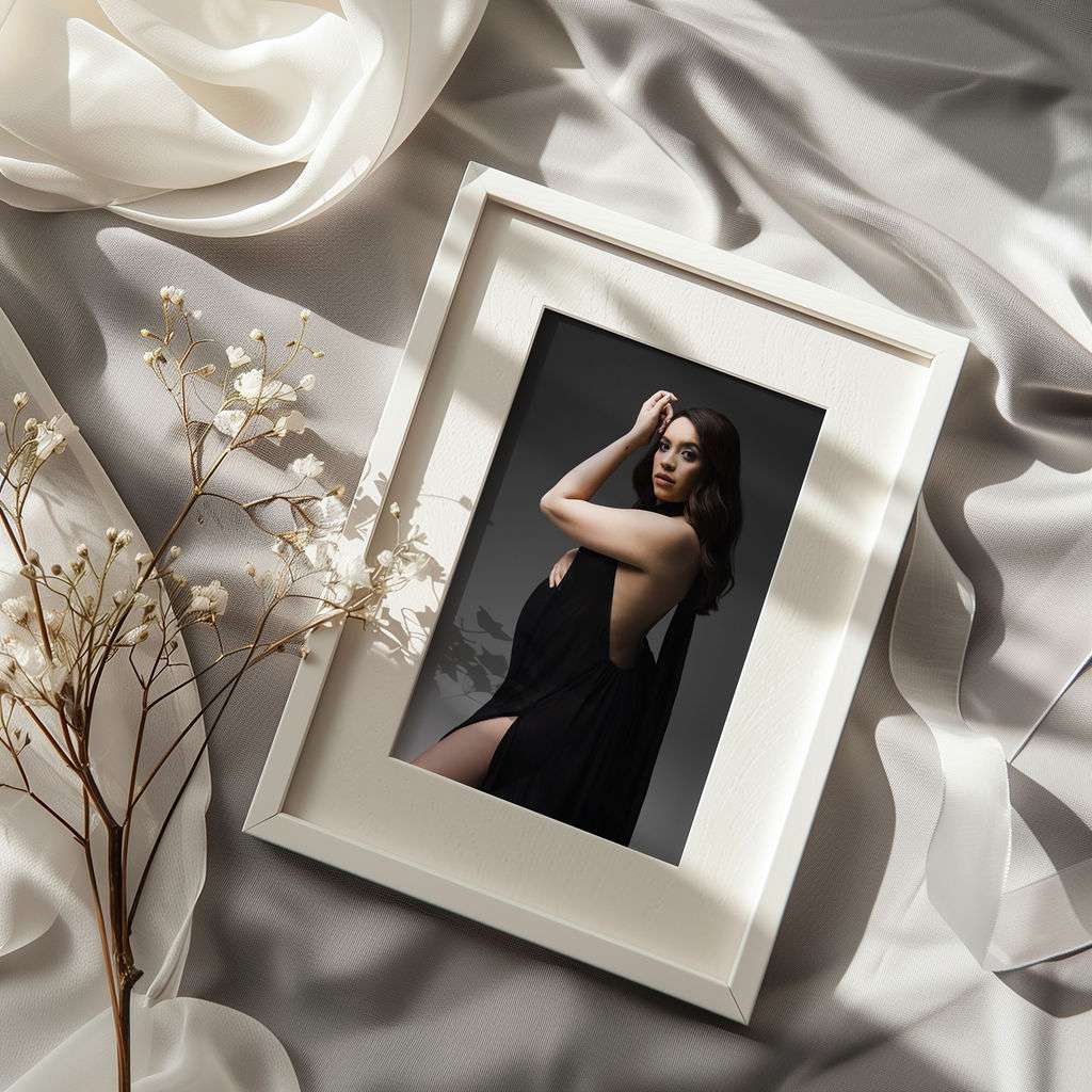 Framed photo of a woman in a black dress resting on light-colored, draped fabric with delicate white dried flowers beside it.
